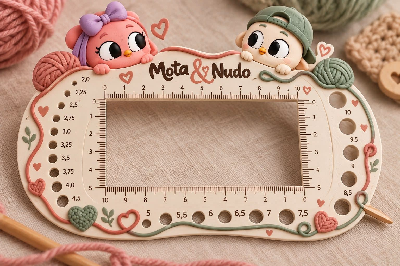 Mota & Nudo Nadelmaß, über dessen Rahmen die beiden Figuren hervorschauen