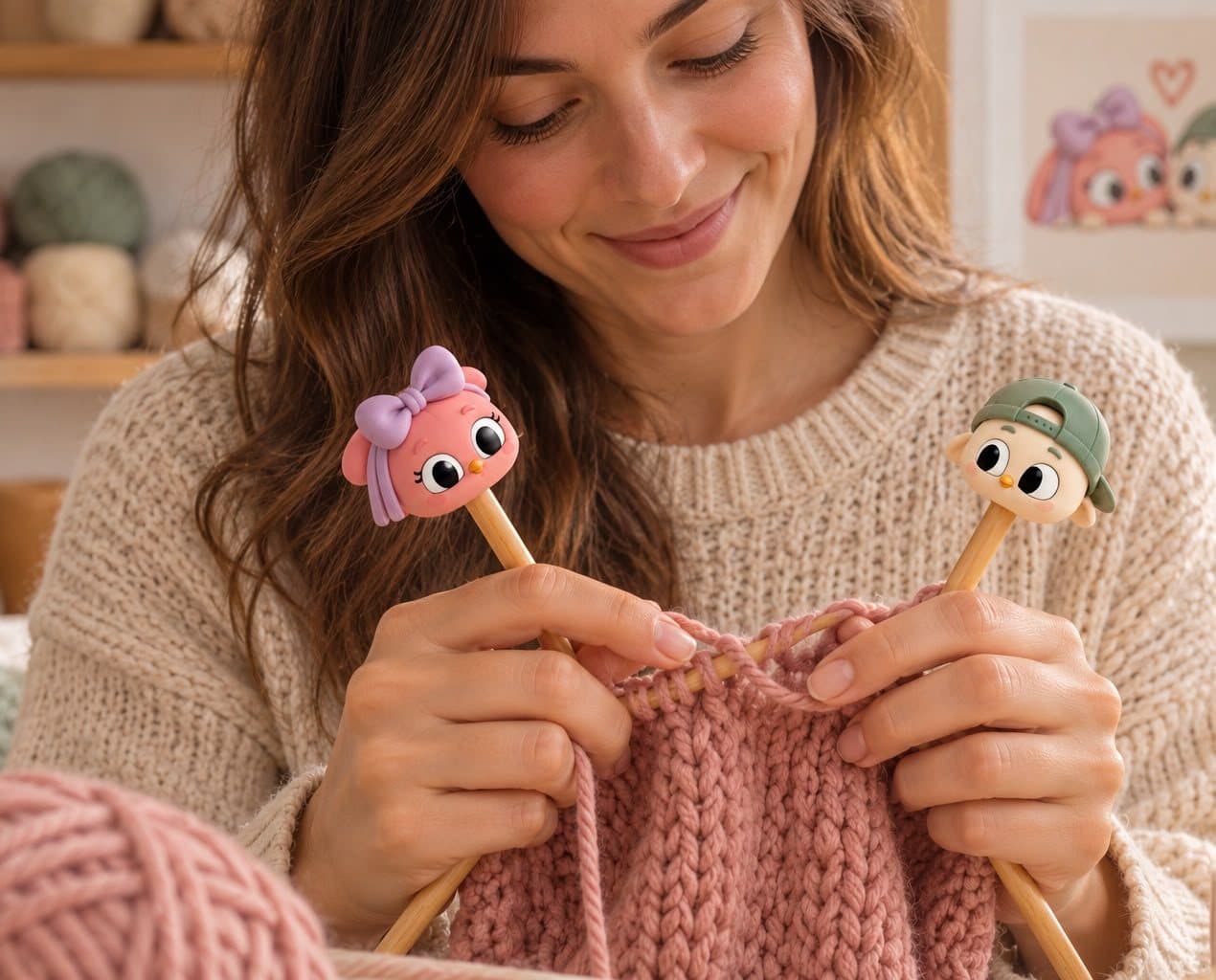 Frau beim Stricken mit zwei Nadeln, auf denen die Figuren der Marke sitzen, Mota & Nudo