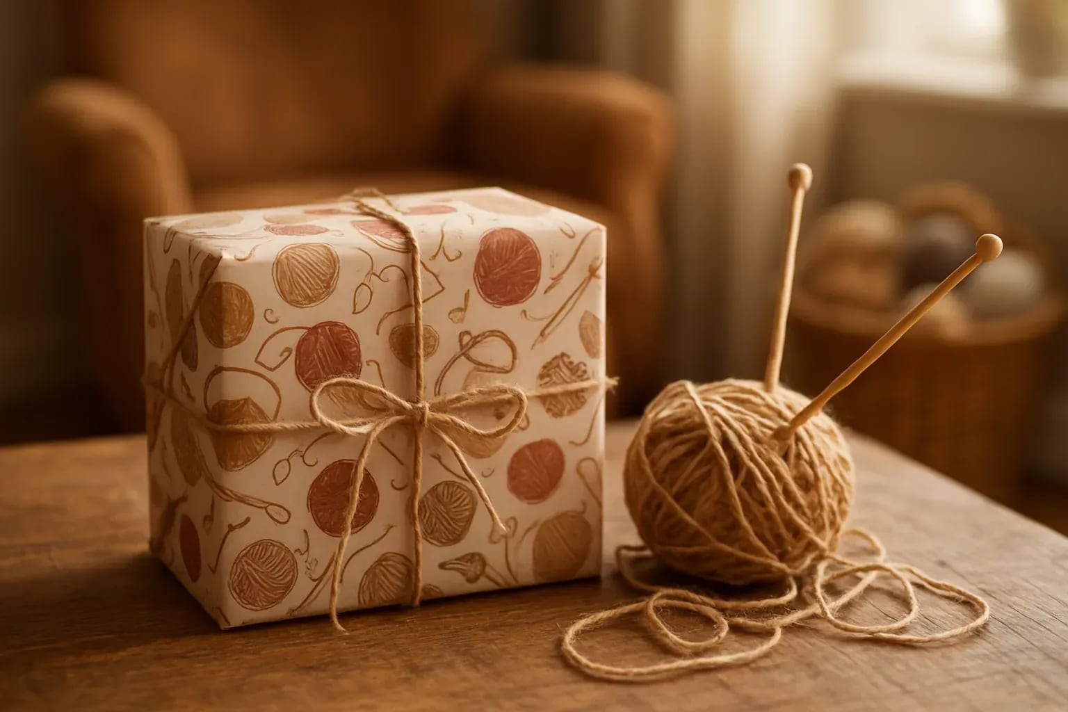 Paquet cadeau emballé dans du papier à motifs de pelotes et noué de ficelle, à côté d'une pelote avec deux aiguilles en bois