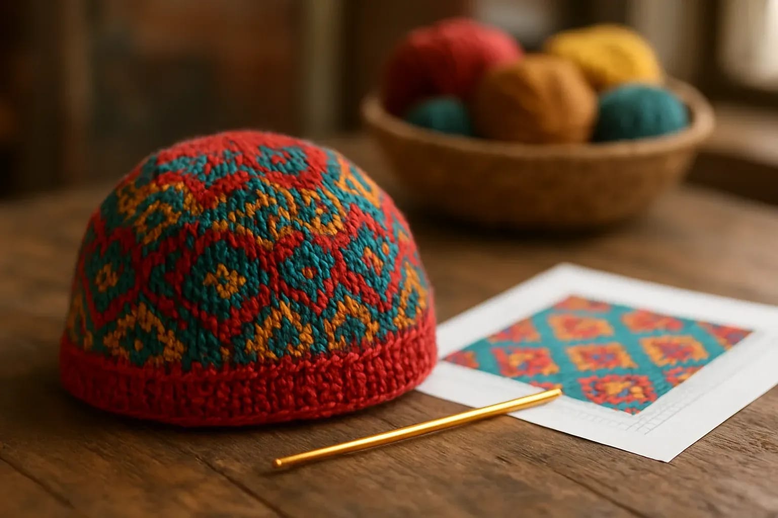 Bonnet jacquard rouge, turquoise et moutarde à côté d'un diagramme de motif et d'un crochet doré