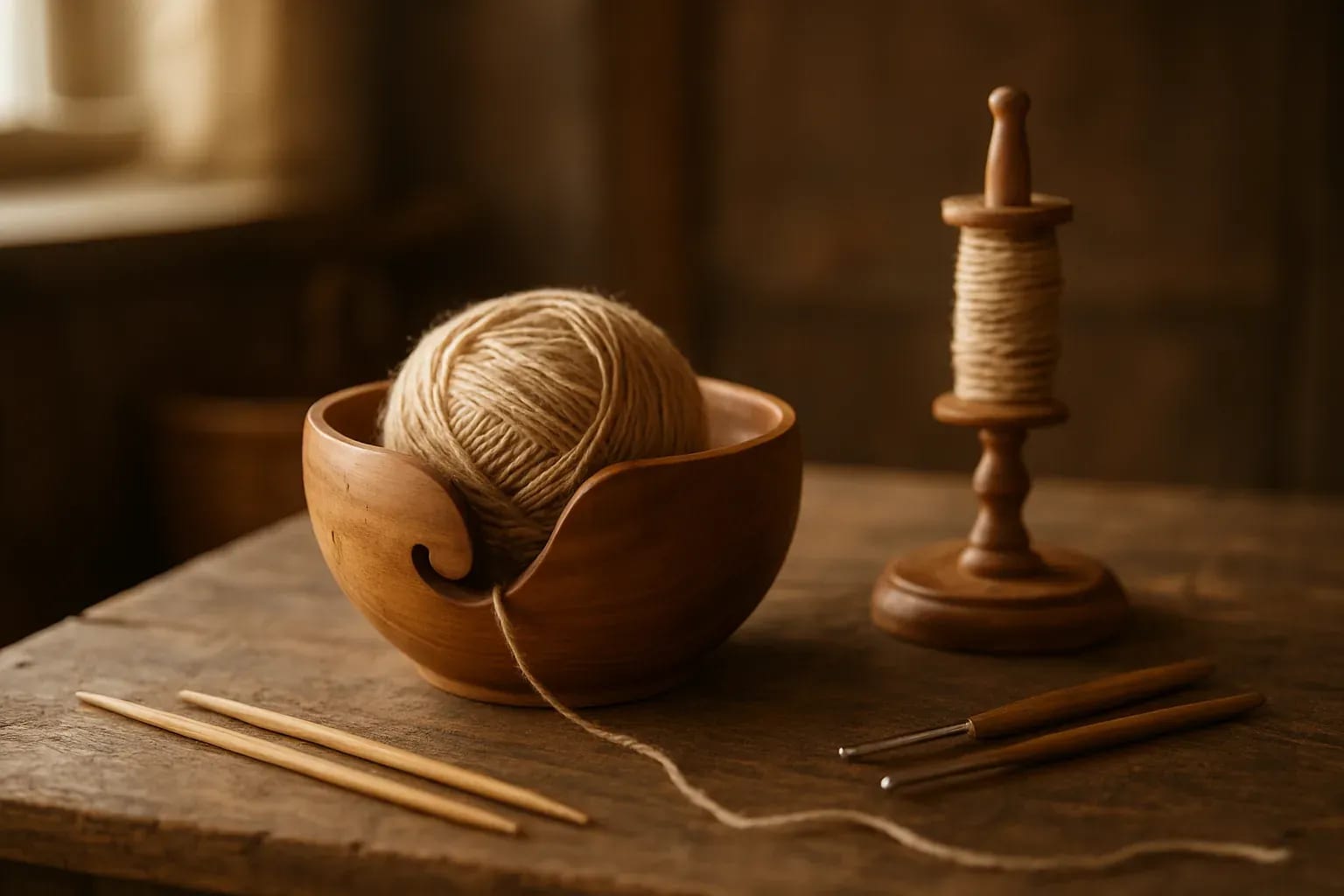 Garnschale aus Holz mit einem Wollknäuel, daneben ein hölzerner Spulenhalter, Nadeln und Häkelnadeln auf einem Tisch