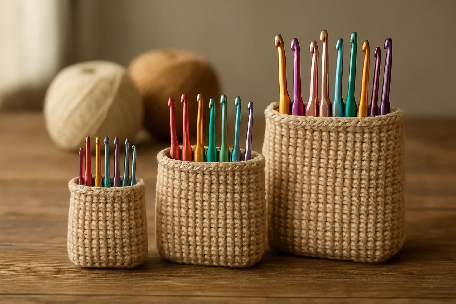 Trois petits paniers en fil de tailles différentes contenant des crochets colorés, avec deux pelotes au fond