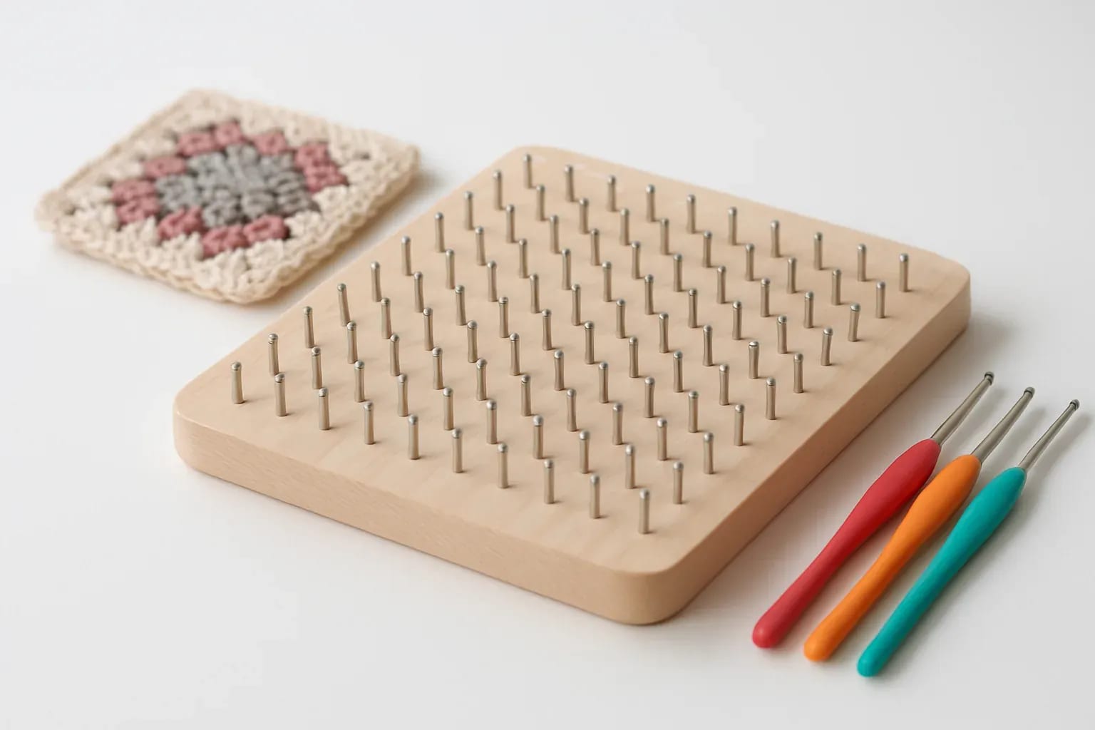 Planche de blocage en bois à tiges métalliques, un carré au crochet et trois crochets colorés